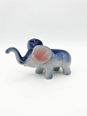 Vintage 1950’s MCM Blue Porcelain Elephant Figurine Trunk Up Good Luck